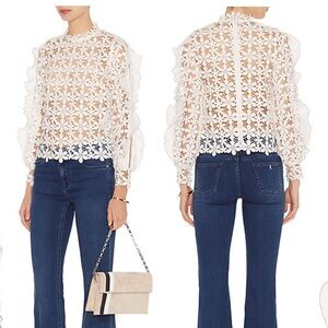 Self-Portrait Floral Lace Flounce Sleeve Blouse White